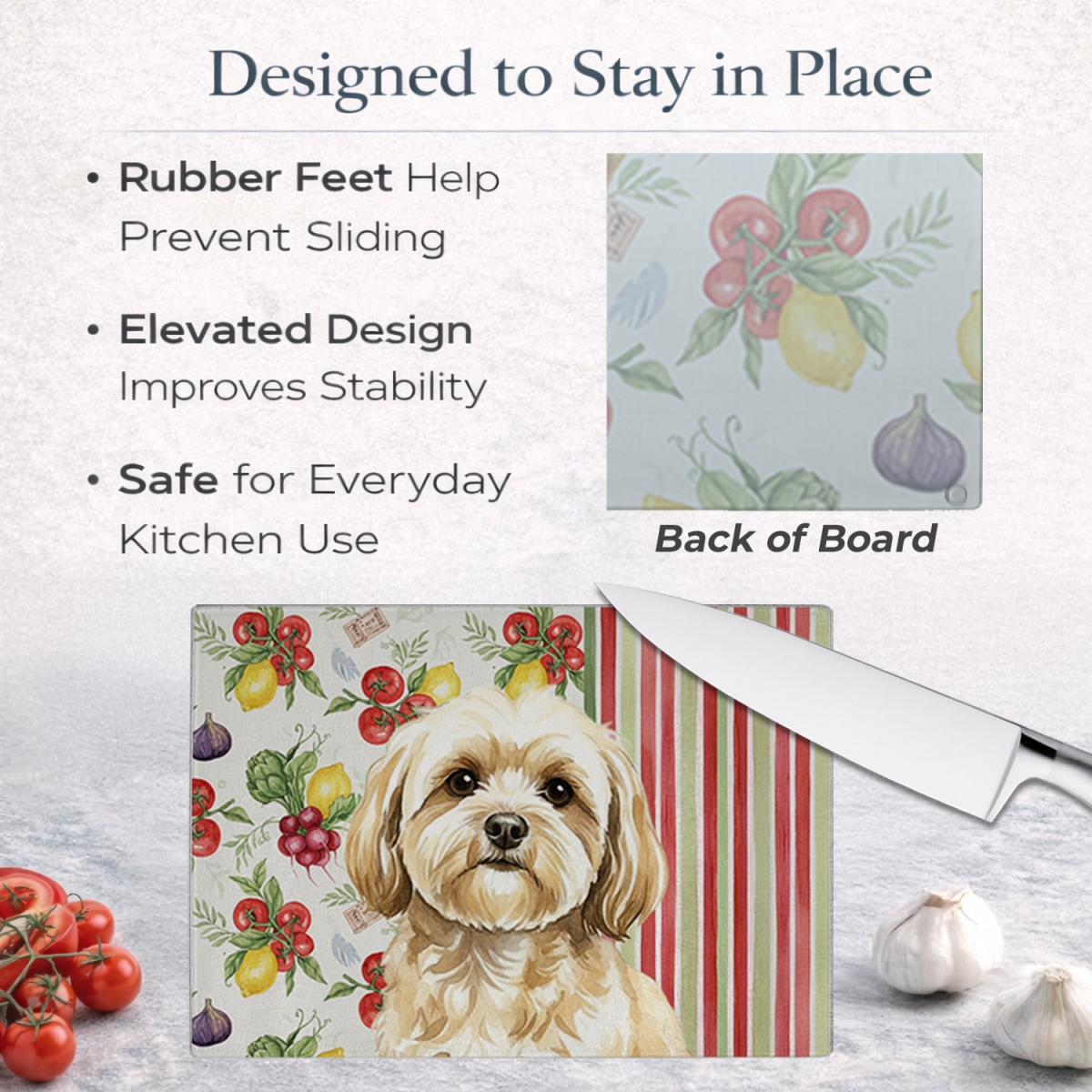Picture of Carolines Treasures WDK8302LCB 11.25 x 15.25 in. Cream Lhasa Apso Vegetables Glass Cutting Board