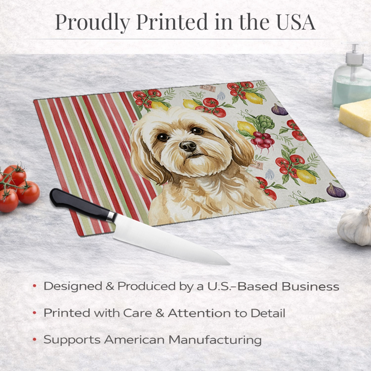 Picture of Carolines Treasures WDK8302LCB 11.25 x 15.25 in. Cream Lhasa Apso Vegetables Glass Cutting Board