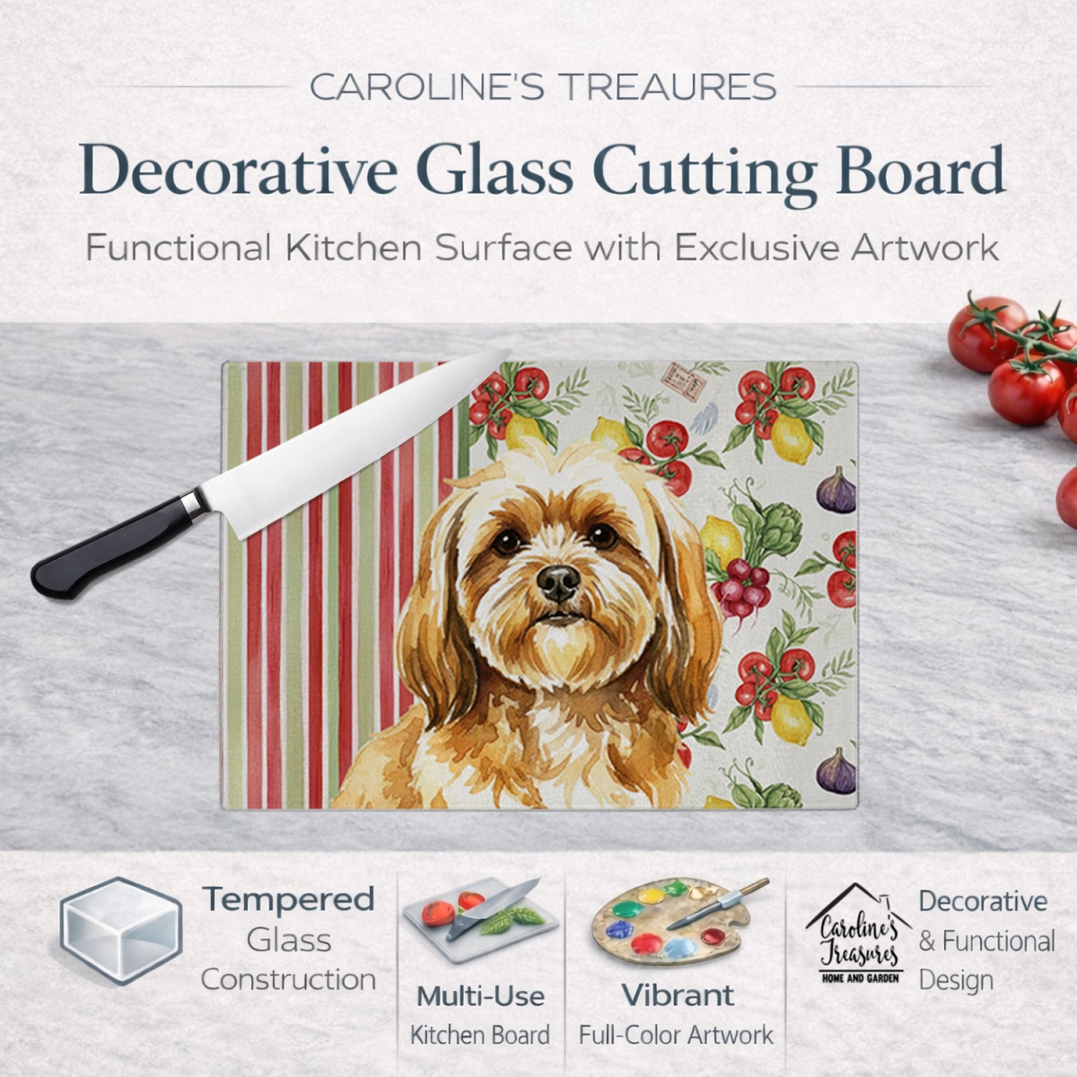 Picture of Carolines Treasures WDK8303LCB 11.25 x 15.25 in. Gold Lhasa Apso Vegetables Glass Cutting Board