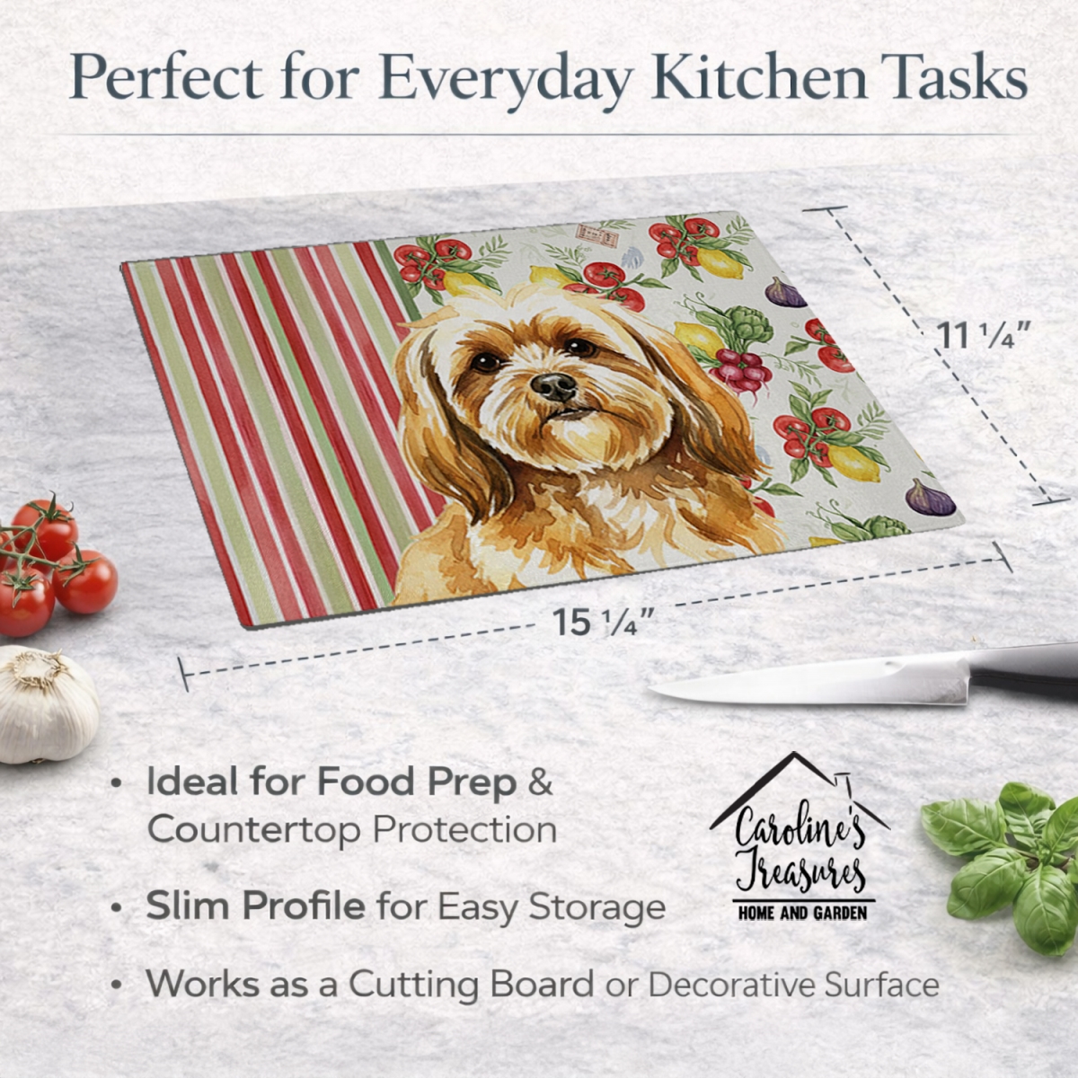 Picture of Carolines Treasures WDK8303LCB 11.25 x 15.25 in. Gold Lhasa Apso Vegetables Glass Cutting Board