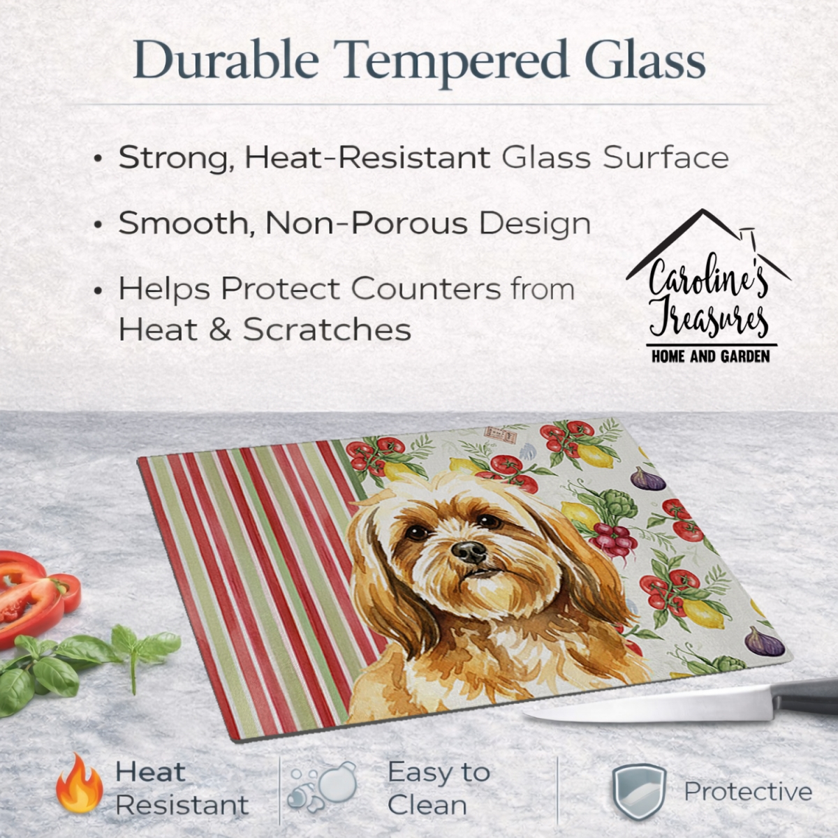 Picture of Carolines Treasures WDK8303LCB 11.25 x 15.25 in. Gold Lhasa Apso Vegetables Glass Cutting Board