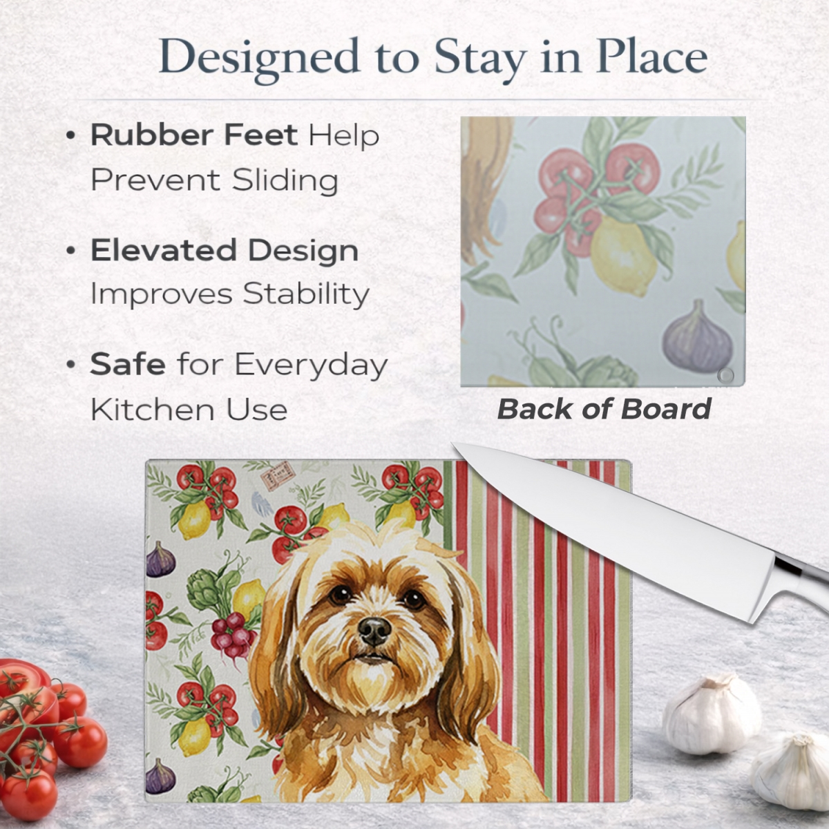 Picture of Carolines Treasures WDK8303LCB 11.25 x 15.25 in. Gold Lhasa Apso Vegetables Glass Cutting Board