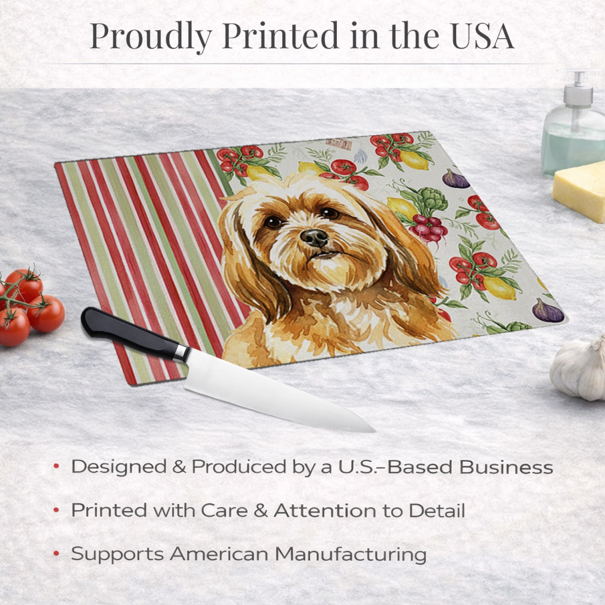 Picture of Carolines Treasures WDK8303LCB 11.25 x 15.25 in. Gold Lhasa Apso Vegetables Glass Cutting Board