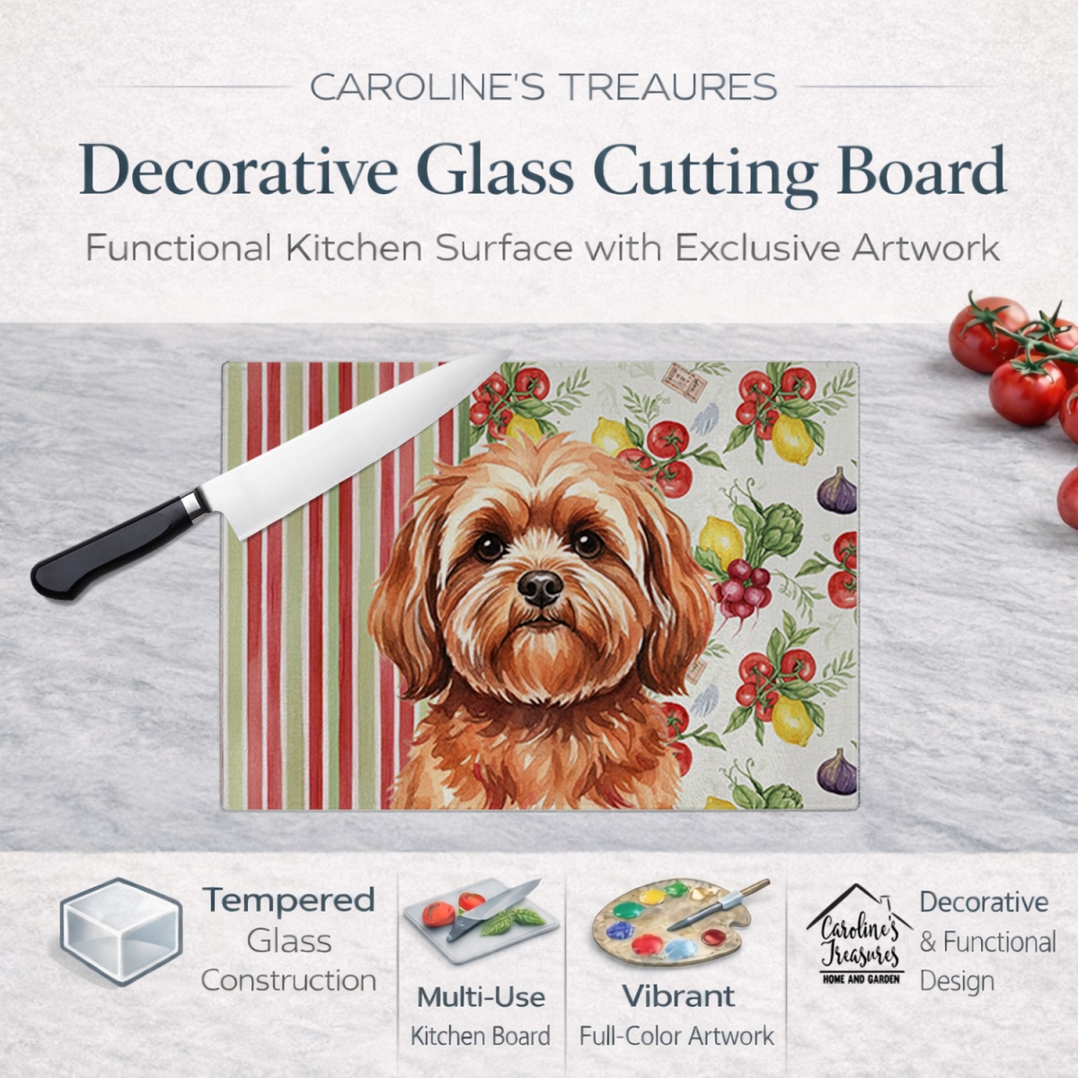 Picture of Carolines Treasures WDK8304LCB 11.25 x 15.25 in. Red Lhasa Apso Vegetables Glass Cutting Board