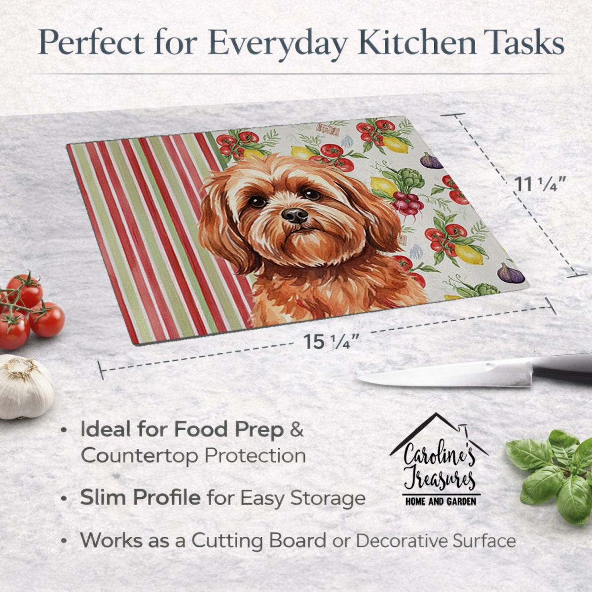 Picture of Carolines Treasures WDK8304LCB 11.25 x 15.25 in. Red Lhasa Apso Vegetables Glass Cutting Board
