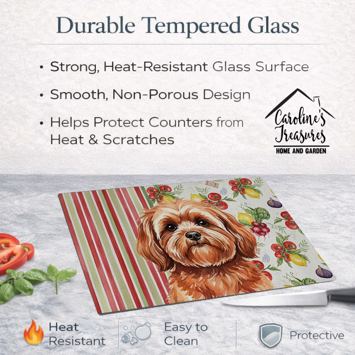 Picture of Carolines Treasures WDK8304LCB 11.25 x 15.25 in. Red Lhasa Apso Vegetables Glass Cutting Board