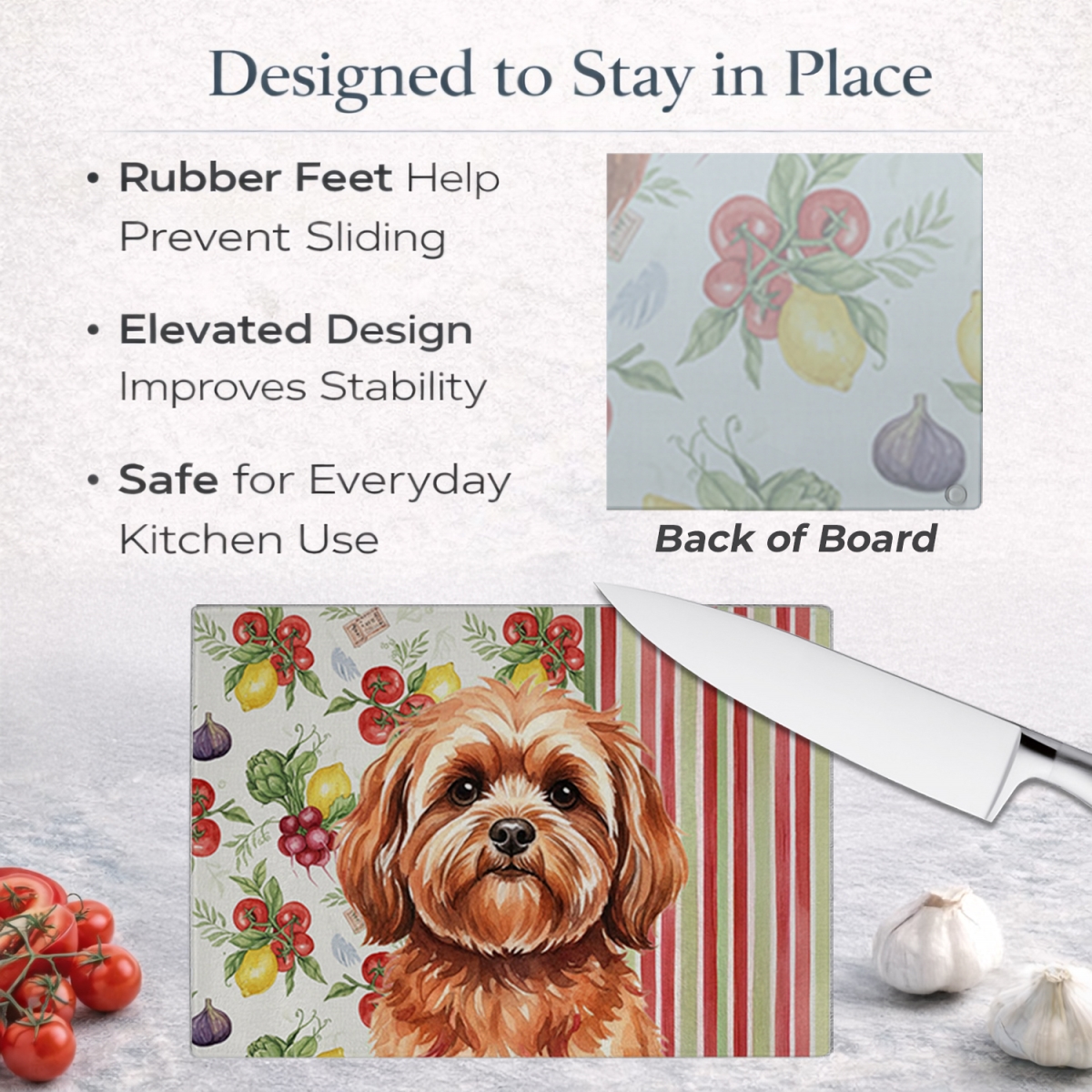 Picture of Carolines Treasures WDK8304LCB 11.25 x 15.25 in. Red Lhasa Apso Vegetables Glass Cutting Board