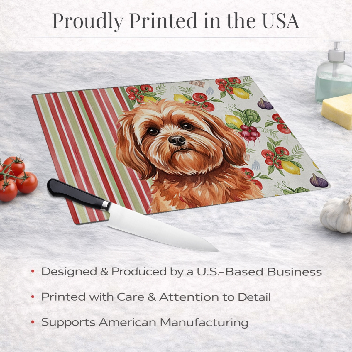 Picture of Carolines Treasures WDK8304LCB 11.25 x 15.25 in. Red Lhasa Apso Vegetables Glass Cutting Board