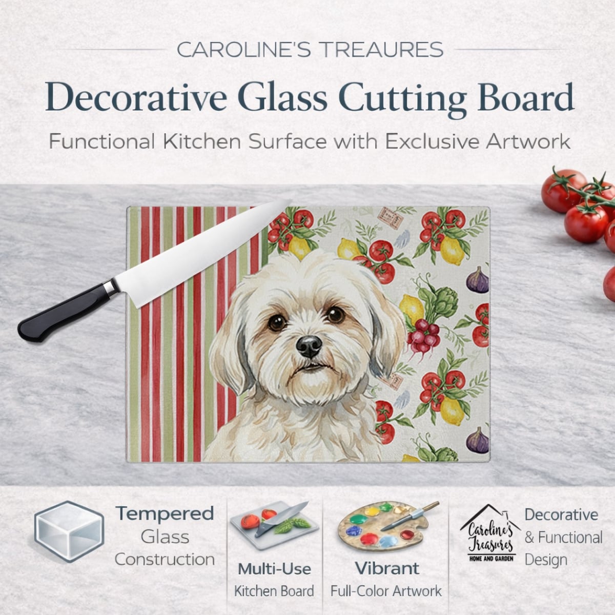 Picture of Carolines Treasures WDK8305LCB 11.25 x 15.25 in. White Lhasa Apso Vegetables Glass Cutting Board