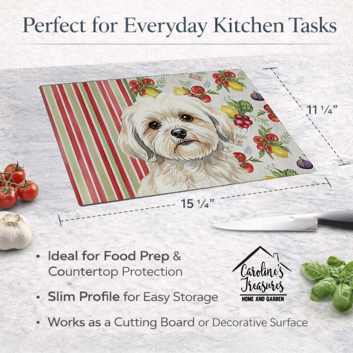 Picture of Carolines Treasures WDK8305LCB 11.25 x 15.25 in. White Lhasa Apso Vegetables Glass Cutting Board