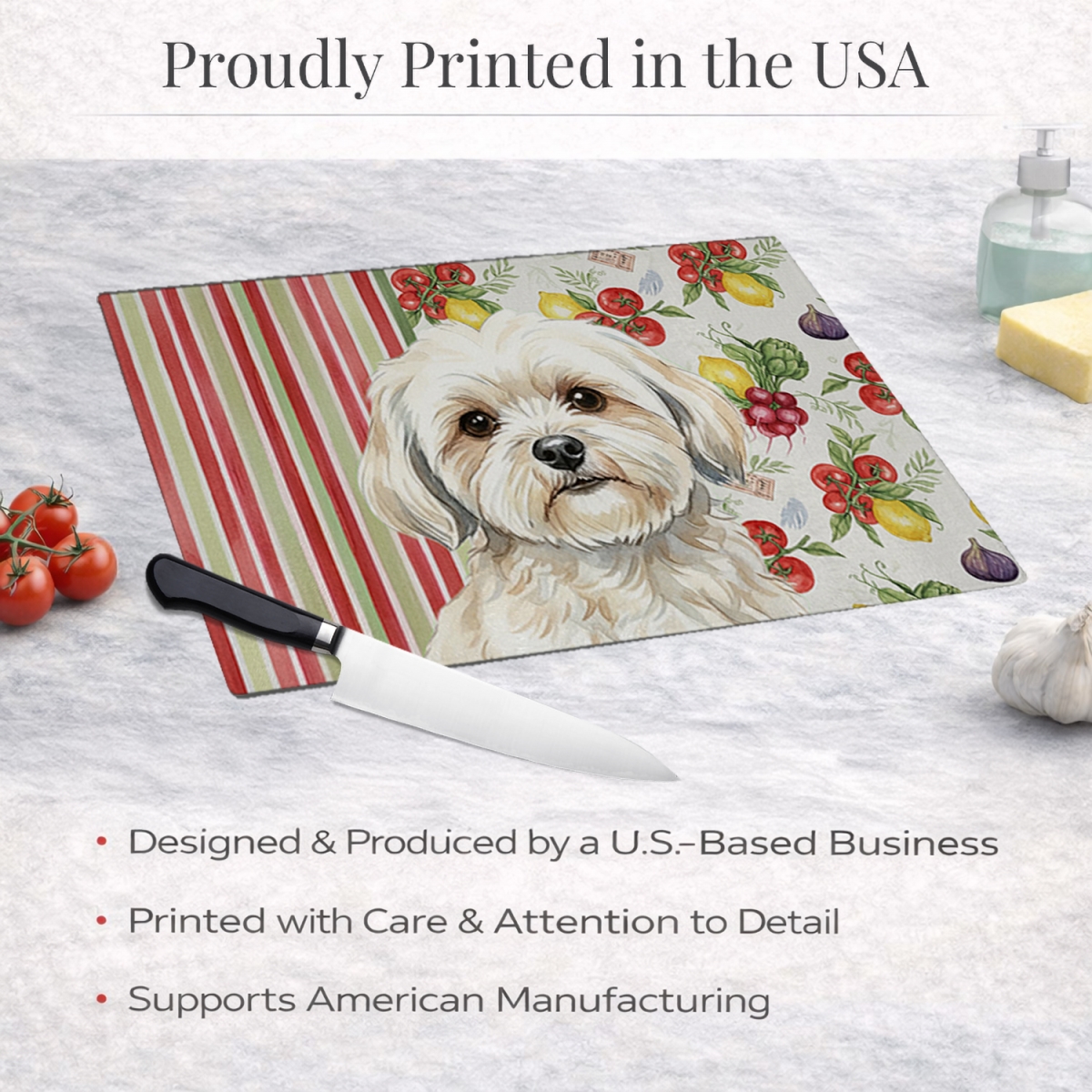 Picture of Carolines Treasures WDK8305LCB 11.25 x 15.25 in. White Lhasa Apso Vegetables Glass Cutting Board
