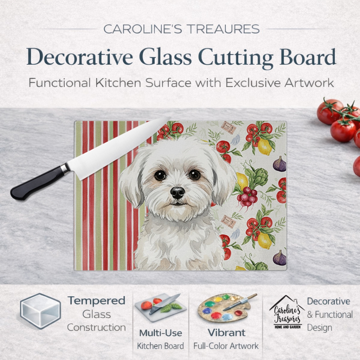 Picture of Carolines Treasures WDK8306LCB 11.25 x 15.25 in. Maltese Vegetables Glass Cutting Board