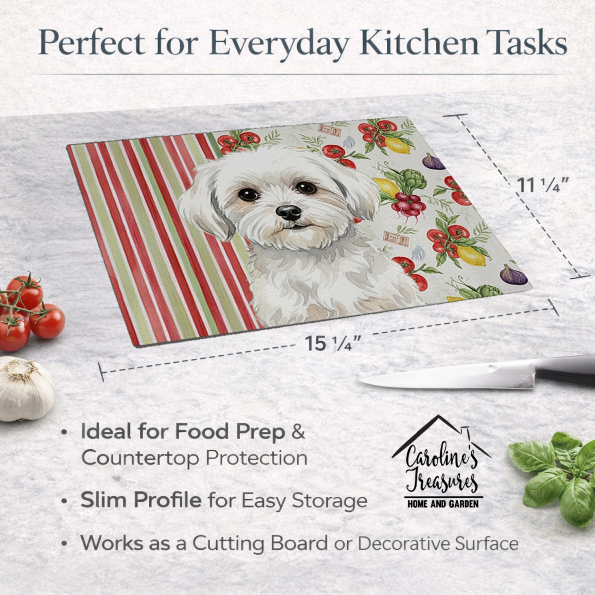 Picture of Carolines Treasures WDK8306LCB 11.25 x 15.25 in. Maltese Vegetables Glass Cutting Board