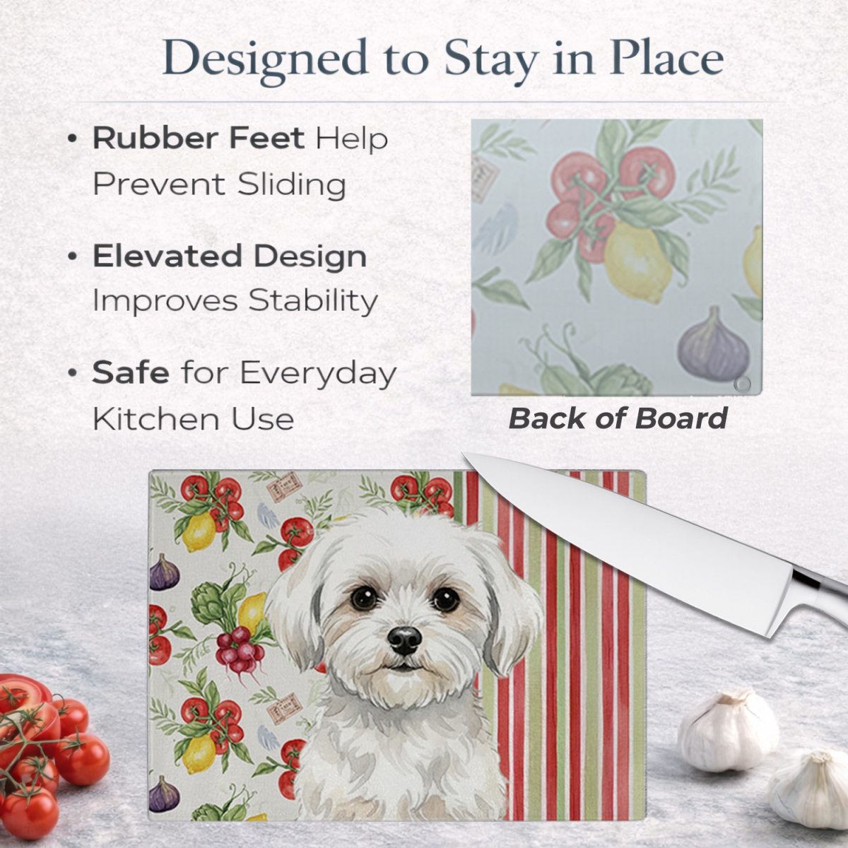 Picture of Carolines Treasures WDK8306LCB 11.25 x 15.25 in. Maltese Vegetables Glass Cutting Board
