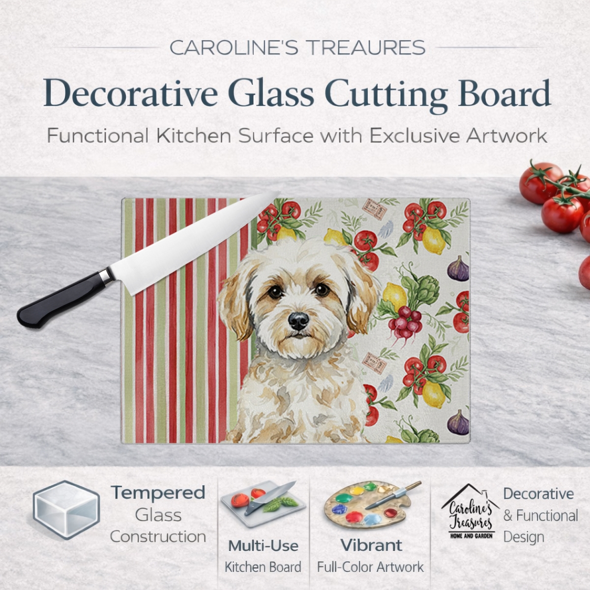 Picture of Carolines Treasures WDK8307LCB 11.25 x 15.25 in. Maltipoo Vegetables Glass Cutting Board