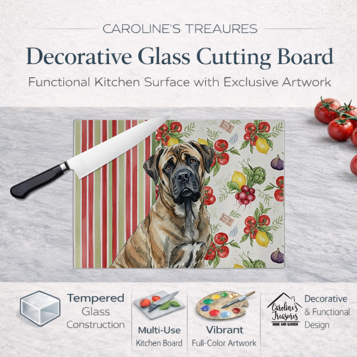 Picture of Carolines Treasures WDK8309LCB 11.25 x 15.25 in. Brindle Mastiff Vegetables Glass Cutting Board