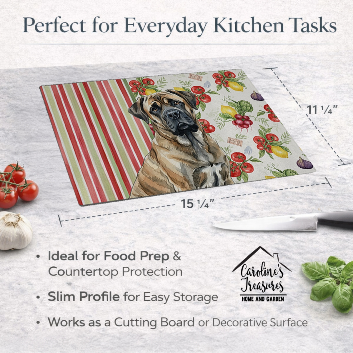 Picture of Carolines Treasures WDK8309LCB 11.25 x 15.25 in. Brindle Mastiff Vegetables Glass Cutting Board