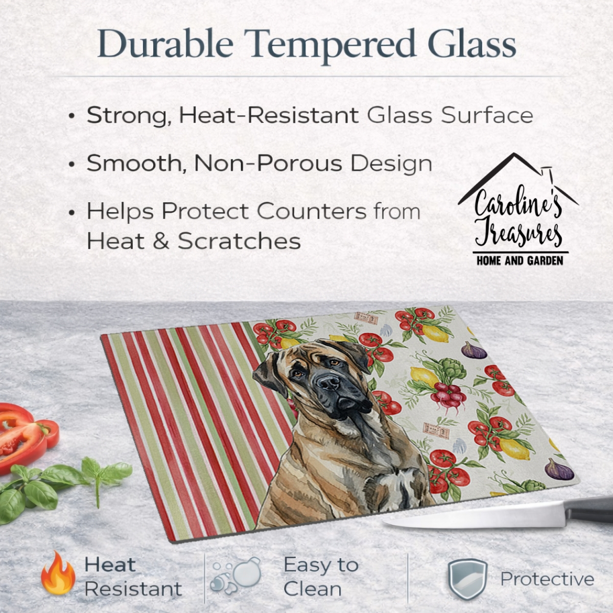 Picture of Carolines Treasures WDK8309LCB 11.25 x 15.25 in. Brindle Mastiff Vegetables Glass Cutting Board