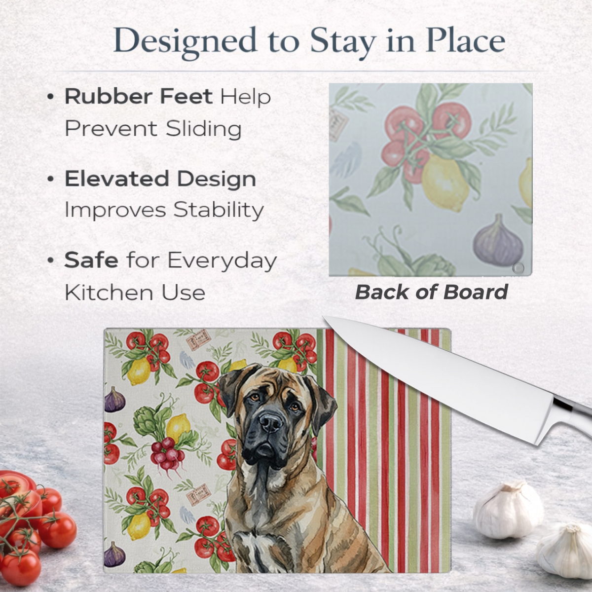 Picture of Carolines Treasures WDK8309LCB 11.25 x 15.25 in. Brindle Mastiff Vegetables Glass Cutting Board