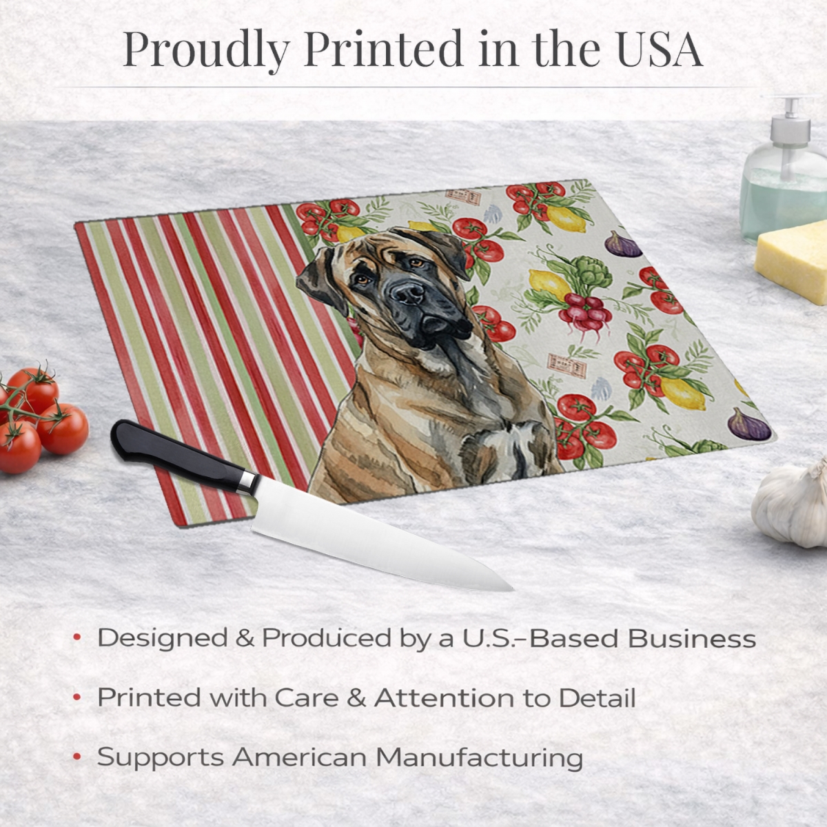 Picture of Carolines Treasures WDK8309LCB 11.25 x 15.25 in. Brindle Mastiff Vegetables Glass Cutting Board