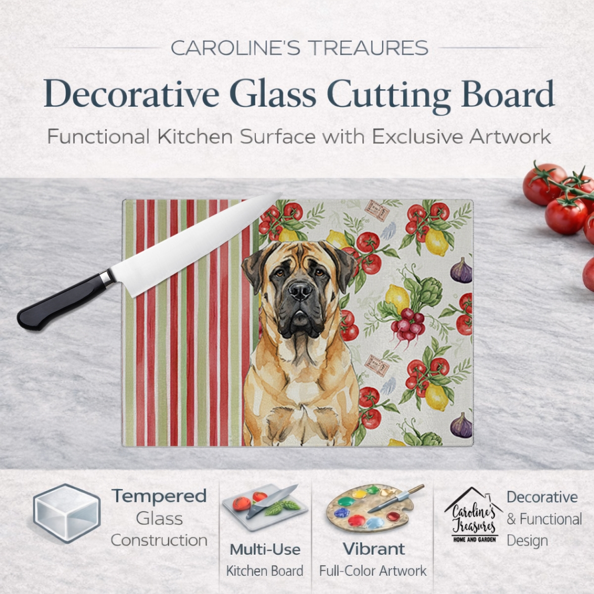 Picture of Carolines Treasures WDK8310LCB 11.25 x 15.25 in. Fawn Mastiff Vegetables Glass Cutting Board