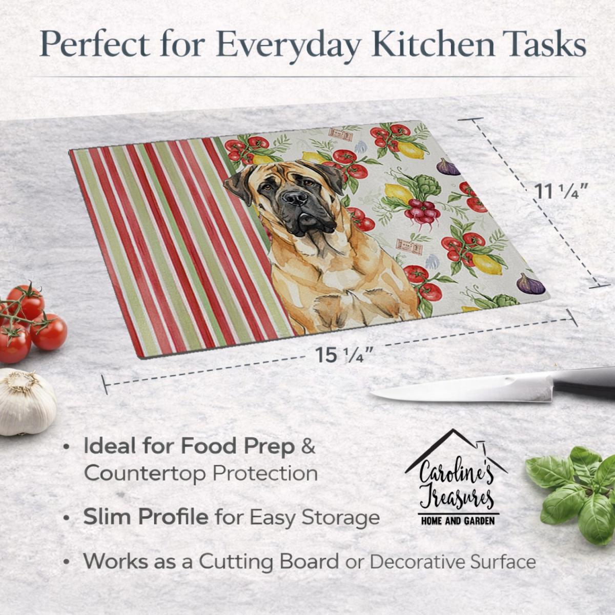 Picture of Carolines Treasures WDK8310LCB 11.25 x 15.25 in. Fawn Mastiff Vegetables Glass Cutting Board