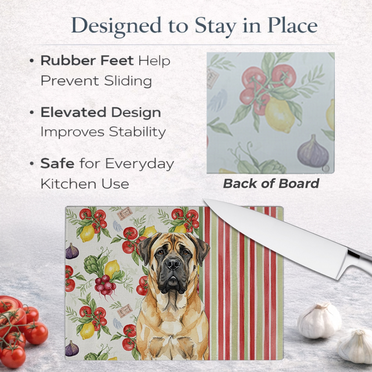 Picture of Carolines Treasures WDK8310LCB 11.25 x 15.25 in. Fawn Mastiff Vegetables Glass Cutting Board