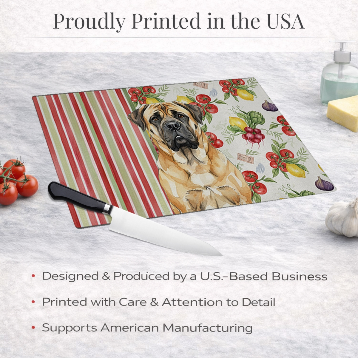 Picture of Carolines Treasures WDK8310LCB 11.25 x 15.25 in. Fawn Mastiff Vegetables Glass Cutting Board