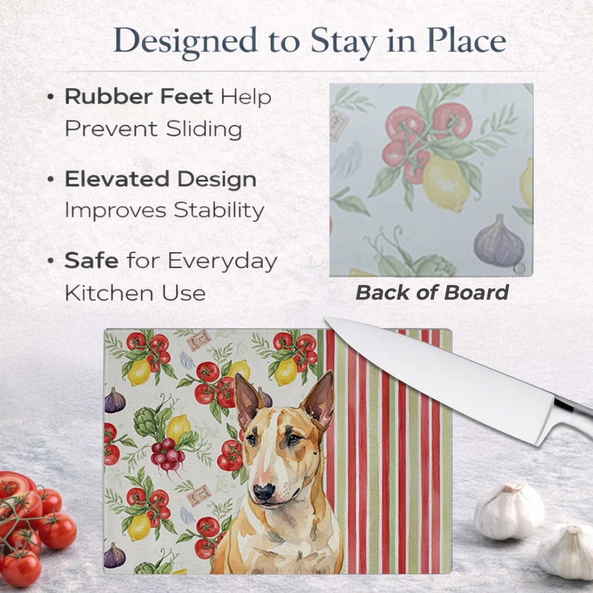 Picture of Carolines Treasures WDK8311LCB 11.25 x 15.25 in. Miniature Bull Terrier Vegetables Glass Cutting Board