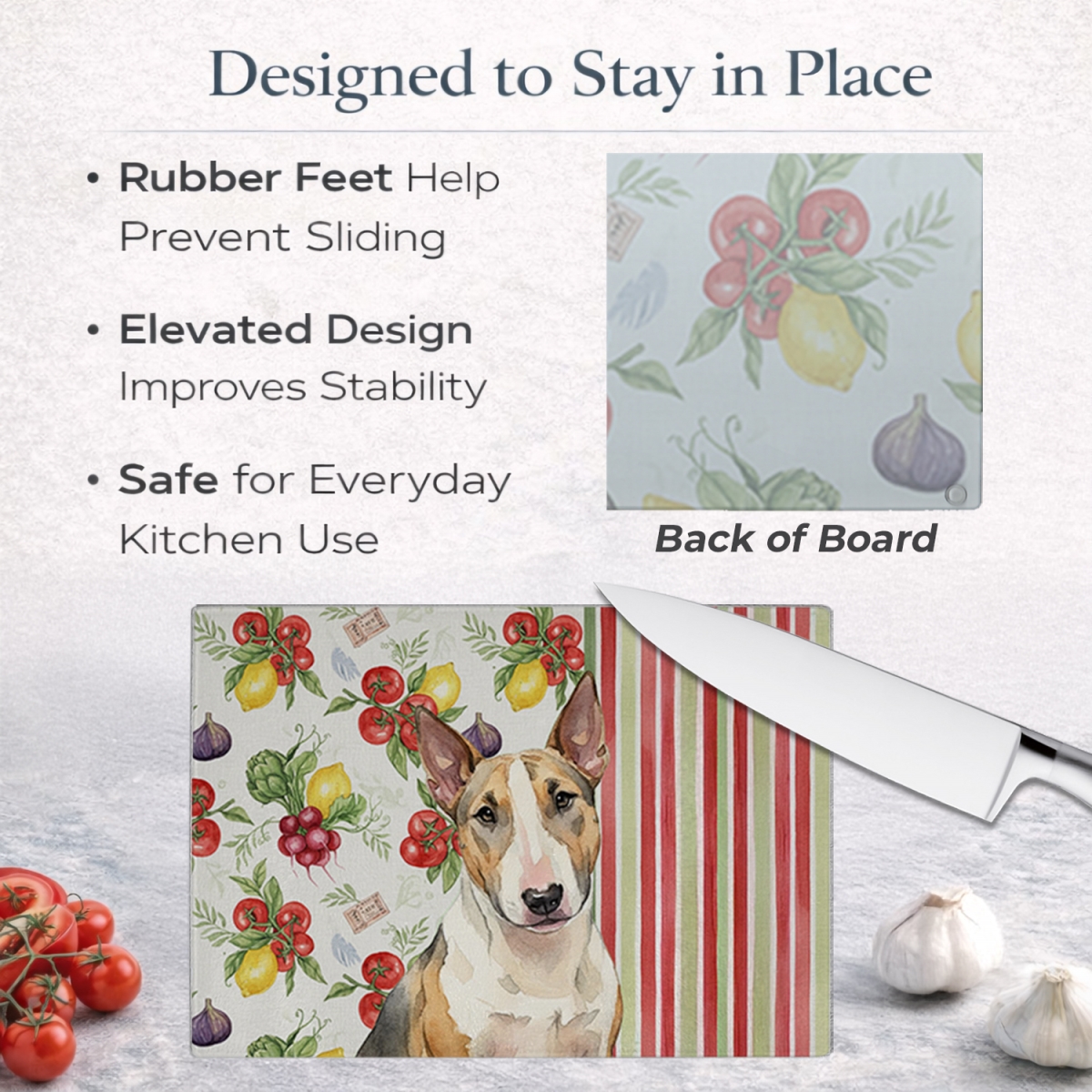 Picture of Carolines Treasures WDK8312LCB 11.25 x 15.25 in. Tricolor Miniature Bull Terrier Vegetables Glass Cutting Board