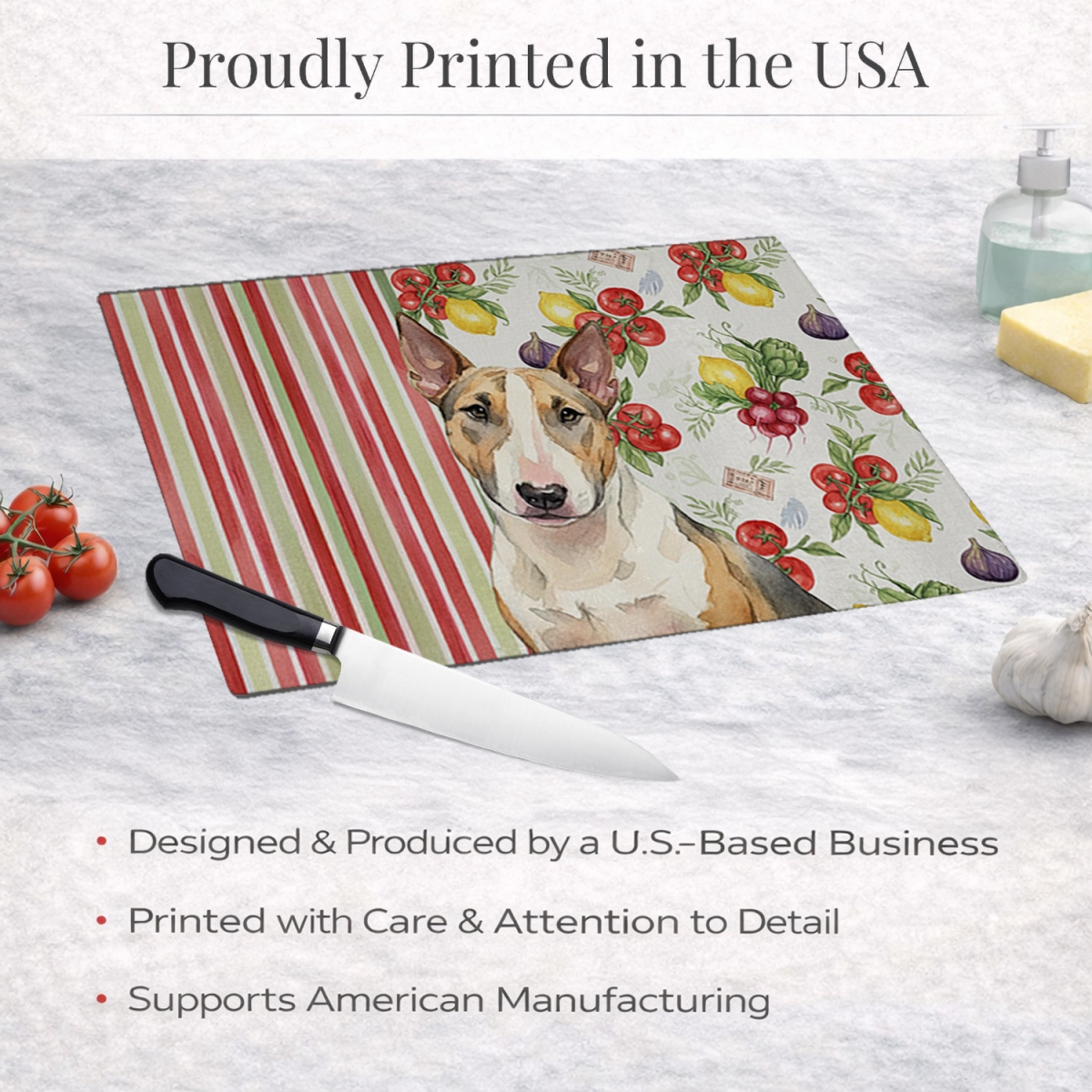 Picture of Carolines Treasures WDK8312LCB 11.25 x 15.25 in. Tricolor Miniature Bull Terrier Vegetables Glass Cutting Board