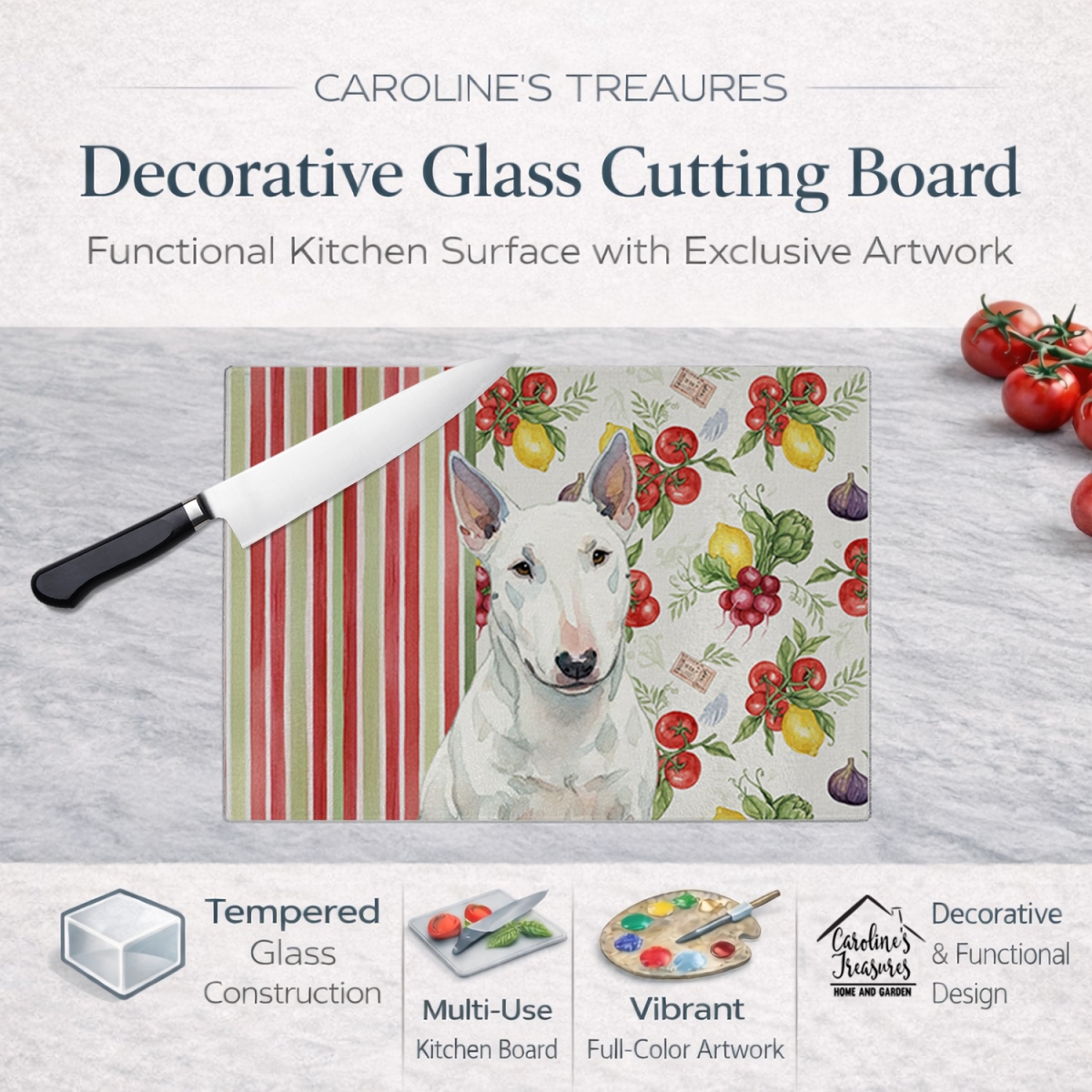 Picture of Carolines Treasures WDK8313LCB 11.25 x 15.25 in. White Miniature Bull Terrier Vegetables Glass Cutting Board