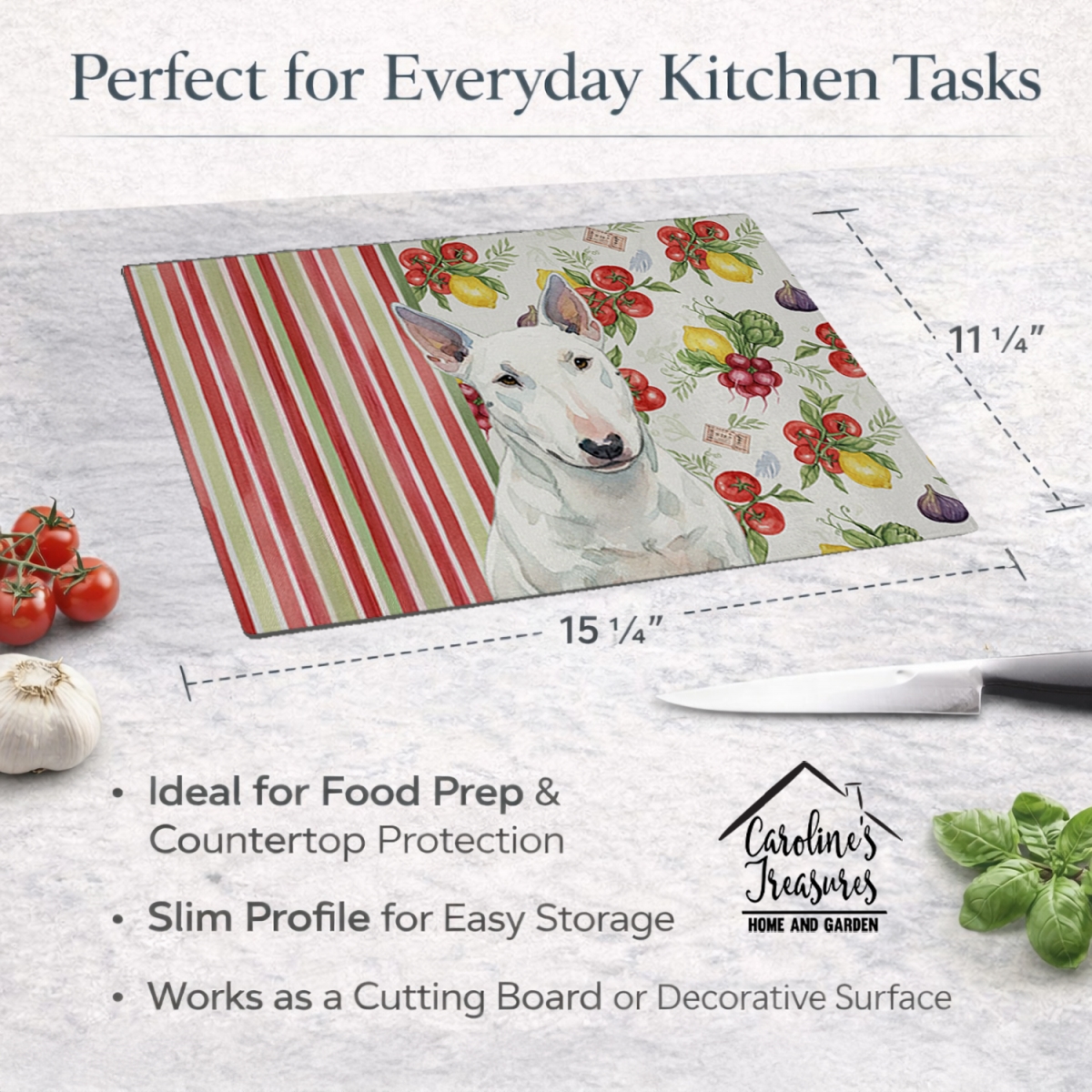 Picture of Carolines Treasures WDK8313LCB 11.25 x 15.25 in. White Miniature Bull Terrier Vegetables Glass Cutting Board