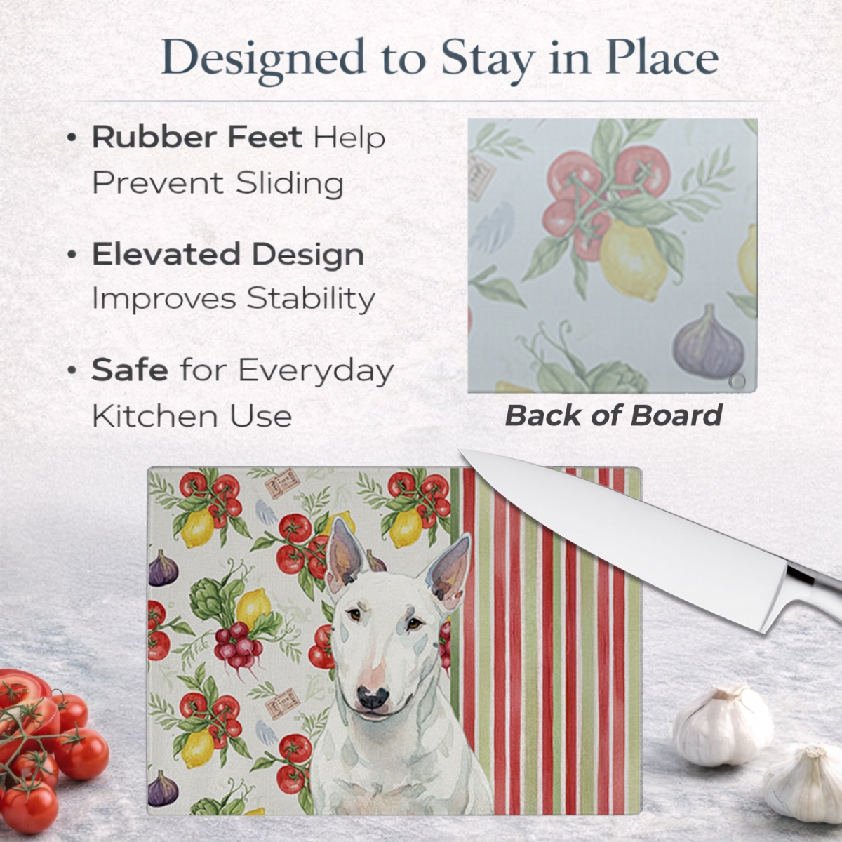Picture of Carolines Treasures WDK8313LCB 11.25 x 15.25 in. White Miniature Bull Terrier Vegetables Glass Cutting Board