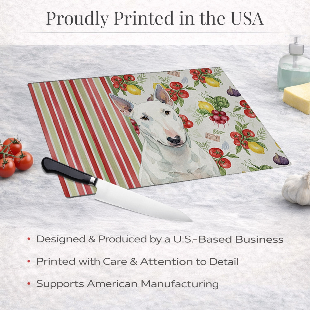 Picture of Carolines Treasures WDK8313LCB 11.25 x 15.25 in. White Miniature Bull Terrier Vegetables Glass Cutting Board