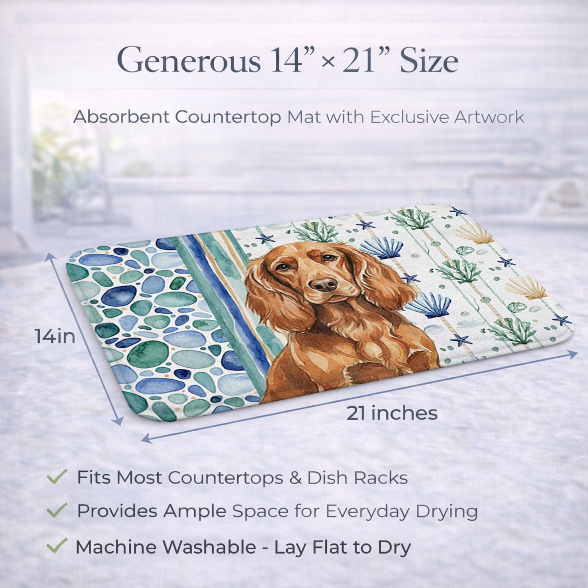 Picture of Carolines Treasures WDK6938DDM 21 x 14 in. Boykin Spaniel Coastal Sea Glass Dish Drying Mat