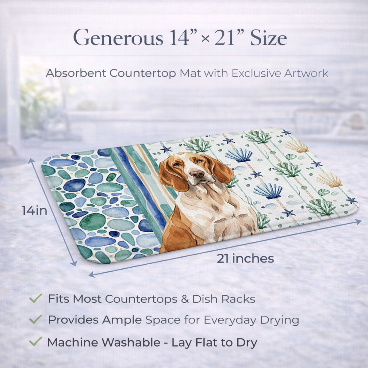 Picture of Carolines Treasures WDK6939DDM 21 x 14 in. Bracco Italiano Coastal Sea Glass Dish Drying Mat