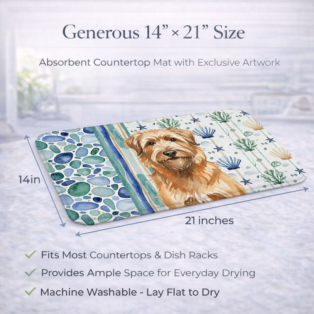 Picture of Carolines Treasures WDK6942DDM 21 x 14 in. Tawny Briard Coastal Sea Glass Dish Drying Mat