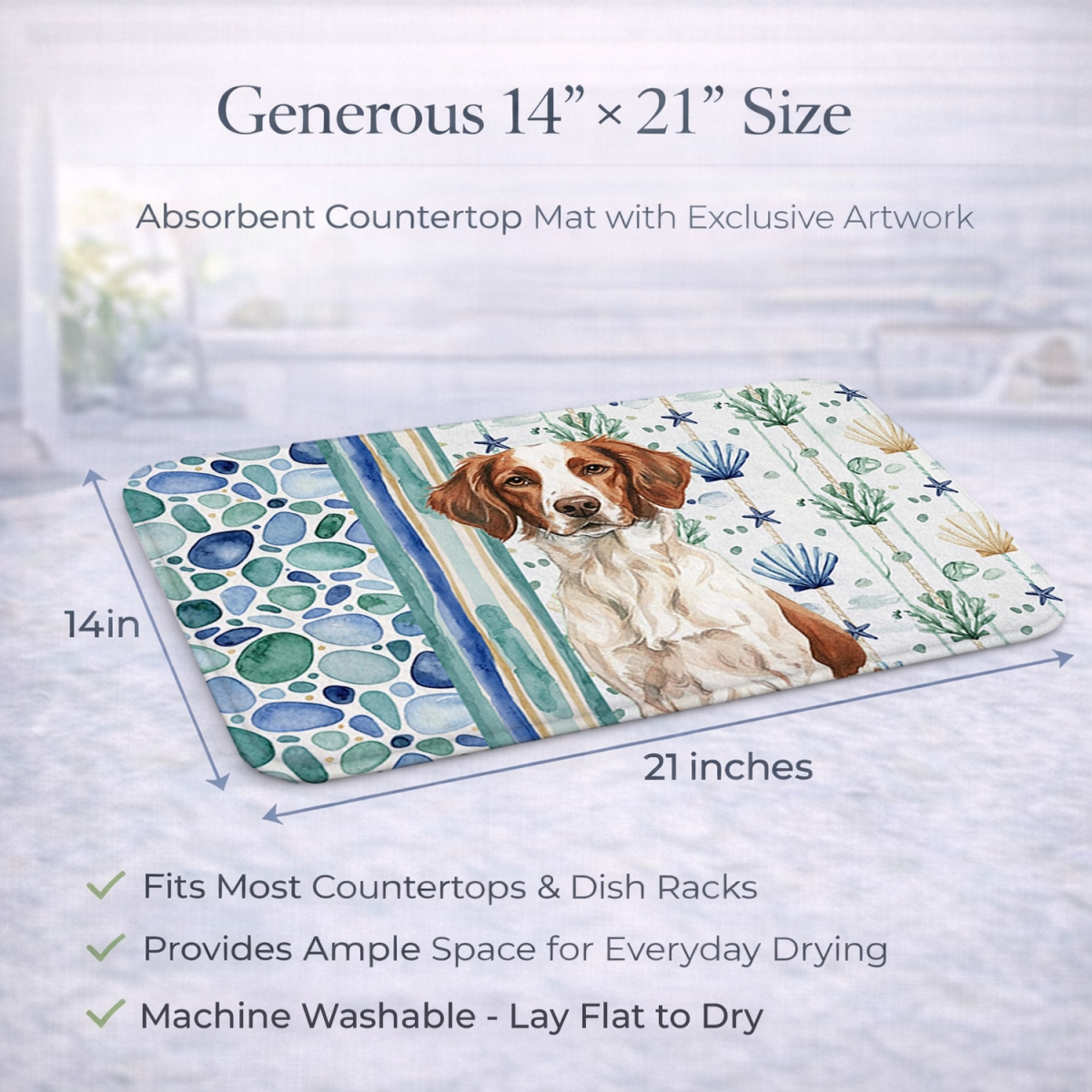 Picture of Carolines Treasures WDK6943DDM 21 x 14 in. Liver & White Brittany Coastal Sea Glass Dish Drying Mat