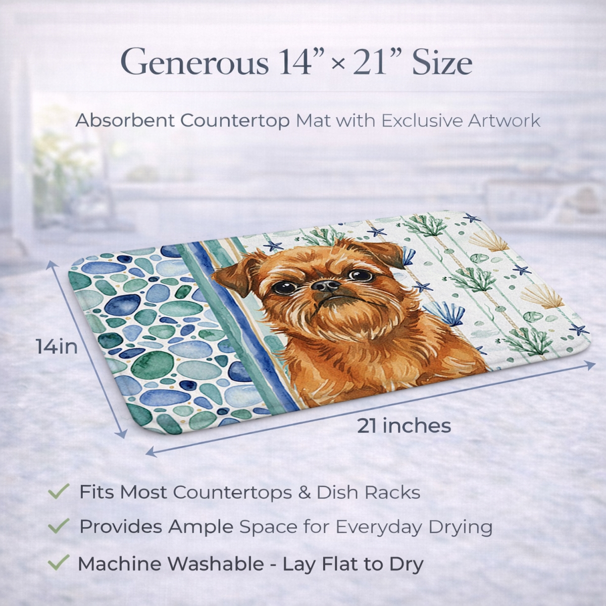 Picture of Carolines Treasures WDK6946DDM 21 x 14 in. Belge Brussels Griffon Coastal Sea Glass Dish Drying Mat
