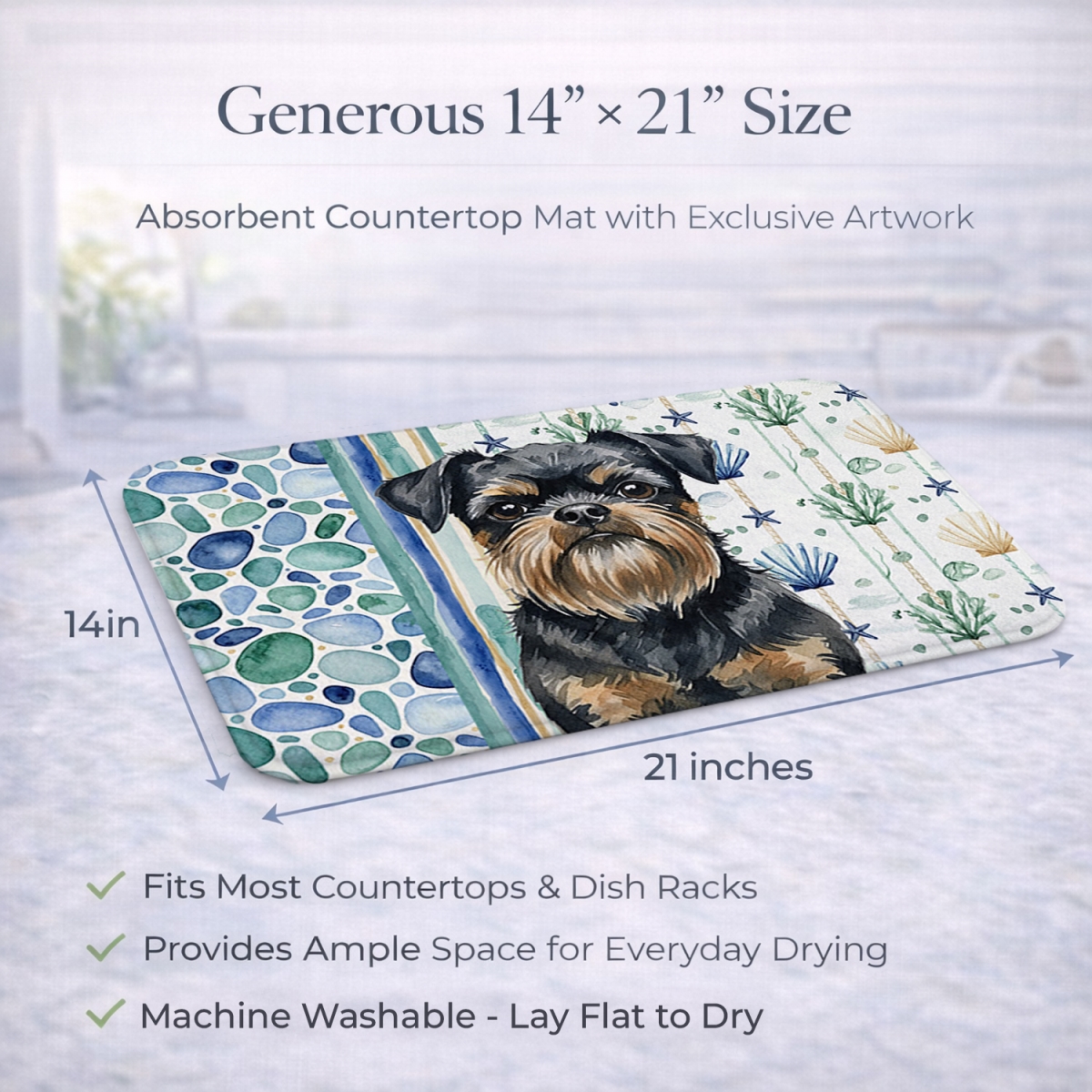 Picture of Carolines Treasures WDK6947DDM 21 x 14 in. Black & Tan Brussels Griffon Coastal Sea Glass Dish Drying Mat