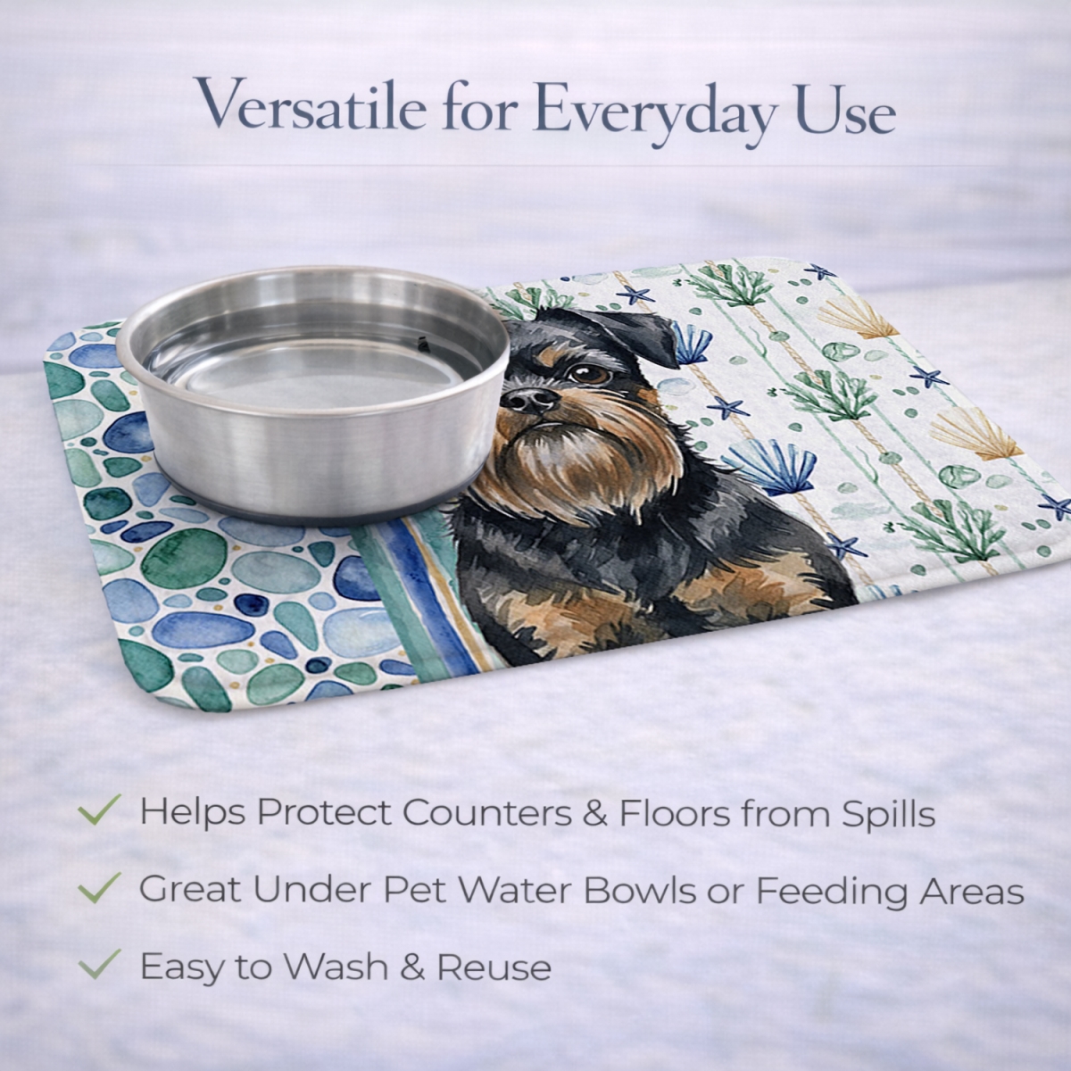 Picture of Carolines Treasures WDK6947DDM 21 x 14 in. Black & Tan Brussels Griffon Coastal Sea Glass Dish Drying Mat