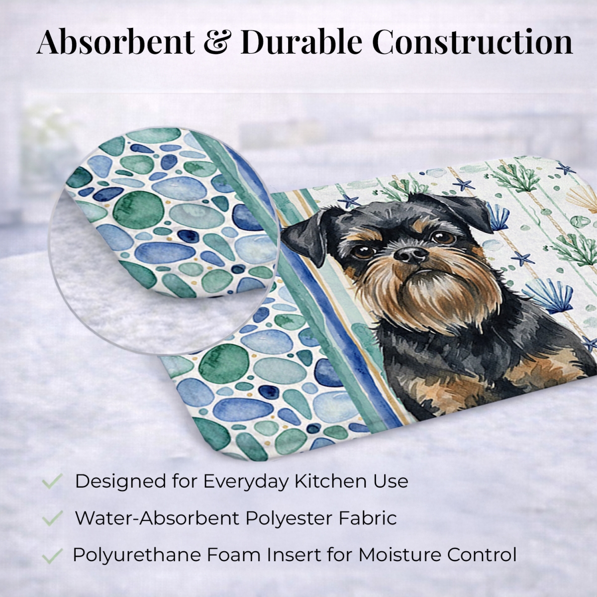 Picture of Carolines Treasures WDK6947DDM 21 x 14 in. Black & Tan Brussels Griffon Coastal Sea Glass Dish Drying Mat