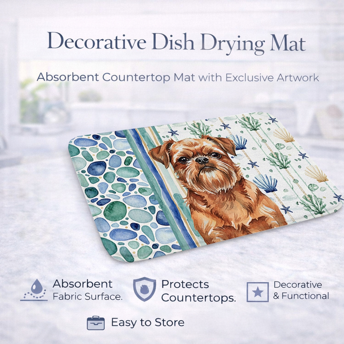 Picture of Carolines Treasures WDK6948DDM 21 x 14 in. Red Brussels Griffon Coastal Sea Glass Dish Drying Mat