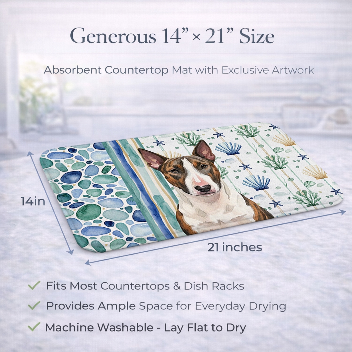 Picture of Carolines Treasures WDK6949DDM 21 x 14 in. Brindle & White Bull Terrier Coastal Sea Glass Dish Drying Mat