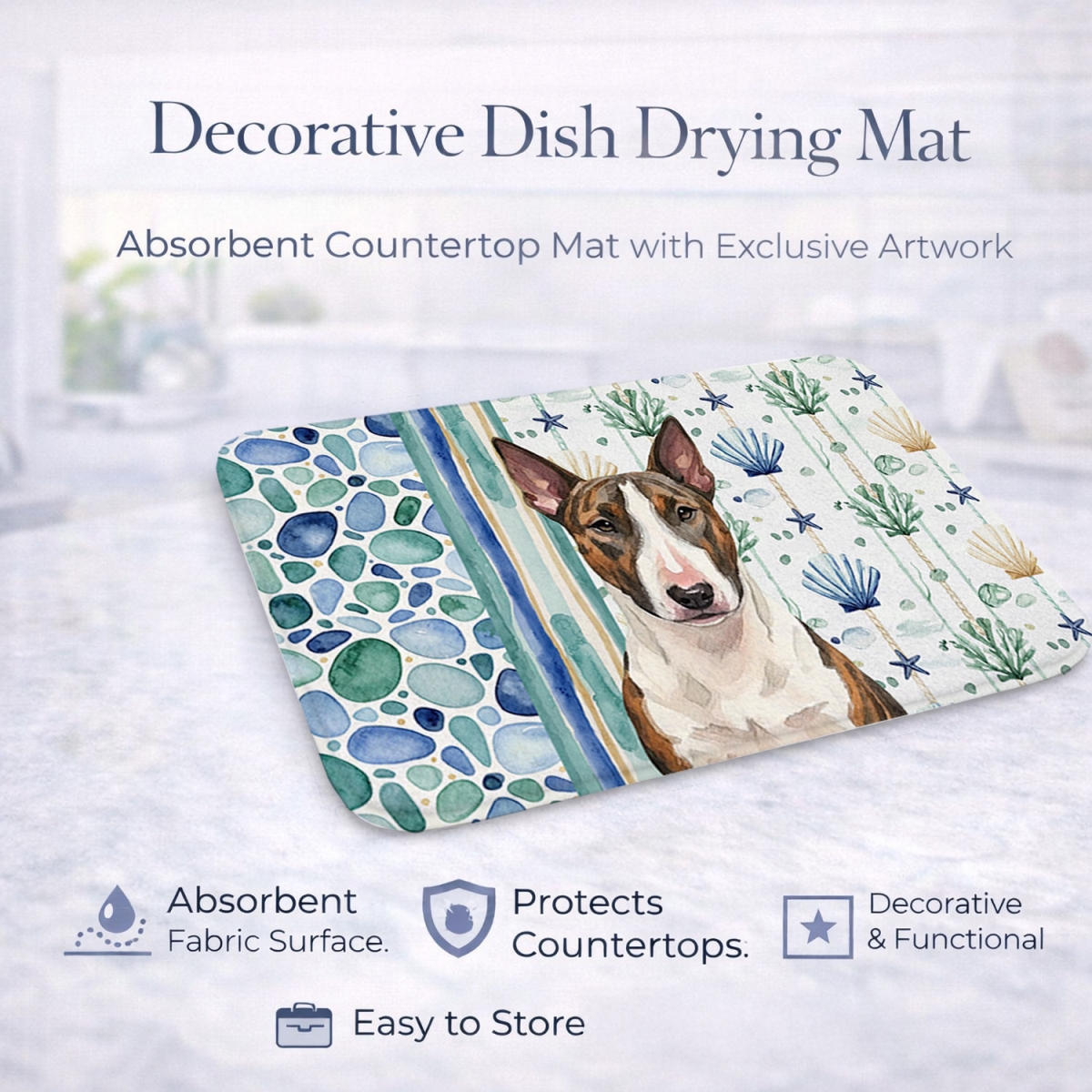 Picture of Carolines Treasures WDK6949DDM 21 x 14 in. Brindle & White Bull Terrier Coastal Sea Glass Dish Drying Mat