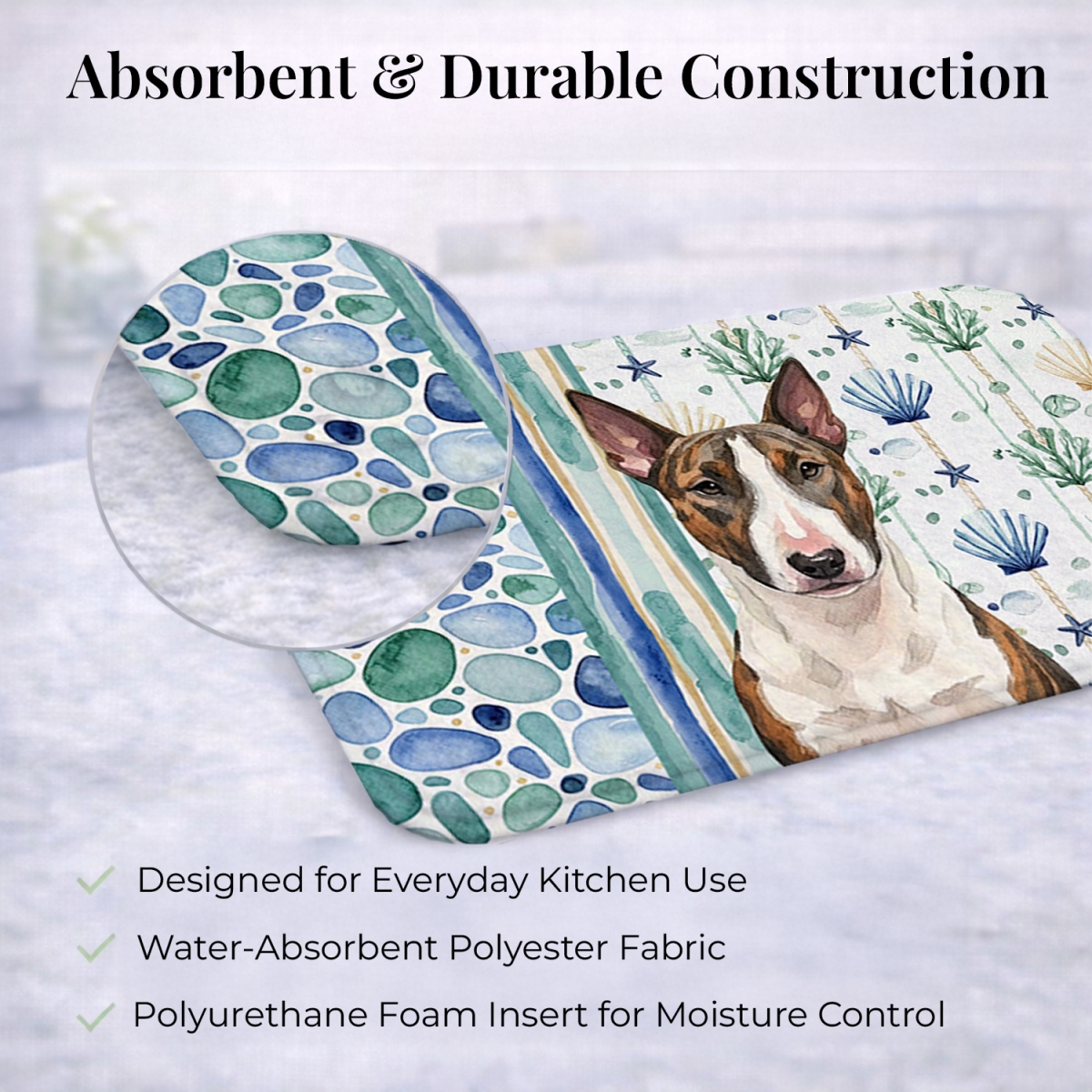 Picture of Carolines Treasures WDK6949DDM 21 x 14 in. Brindle & White Bull Terrier Coastal Sea Glass Dish Drying Mat