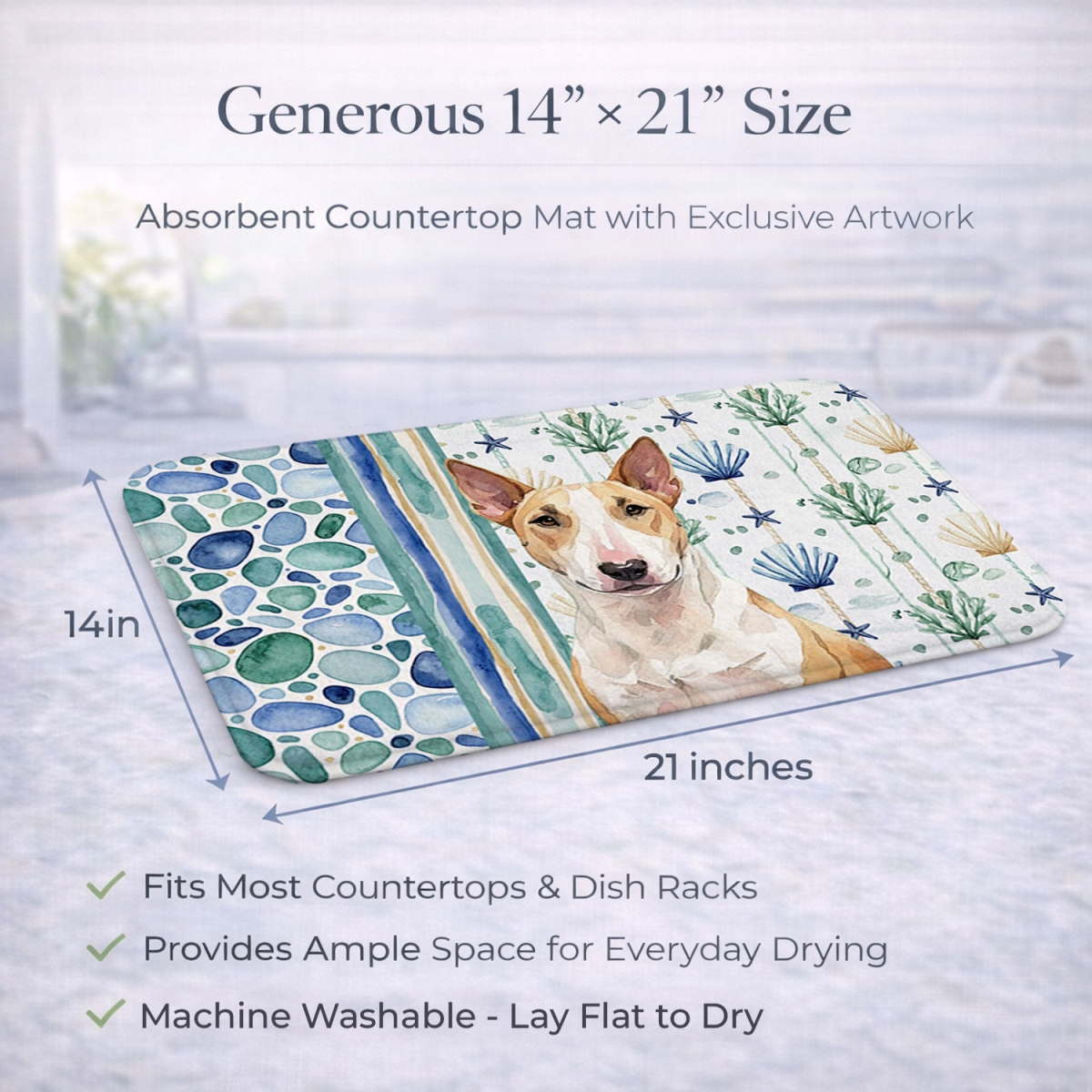 Picture of Carolines Treasures WDK6950DDM 21 x 14 in. Fawn & White Bull Terrier Coastal Sea Glass Dish Drying Mat