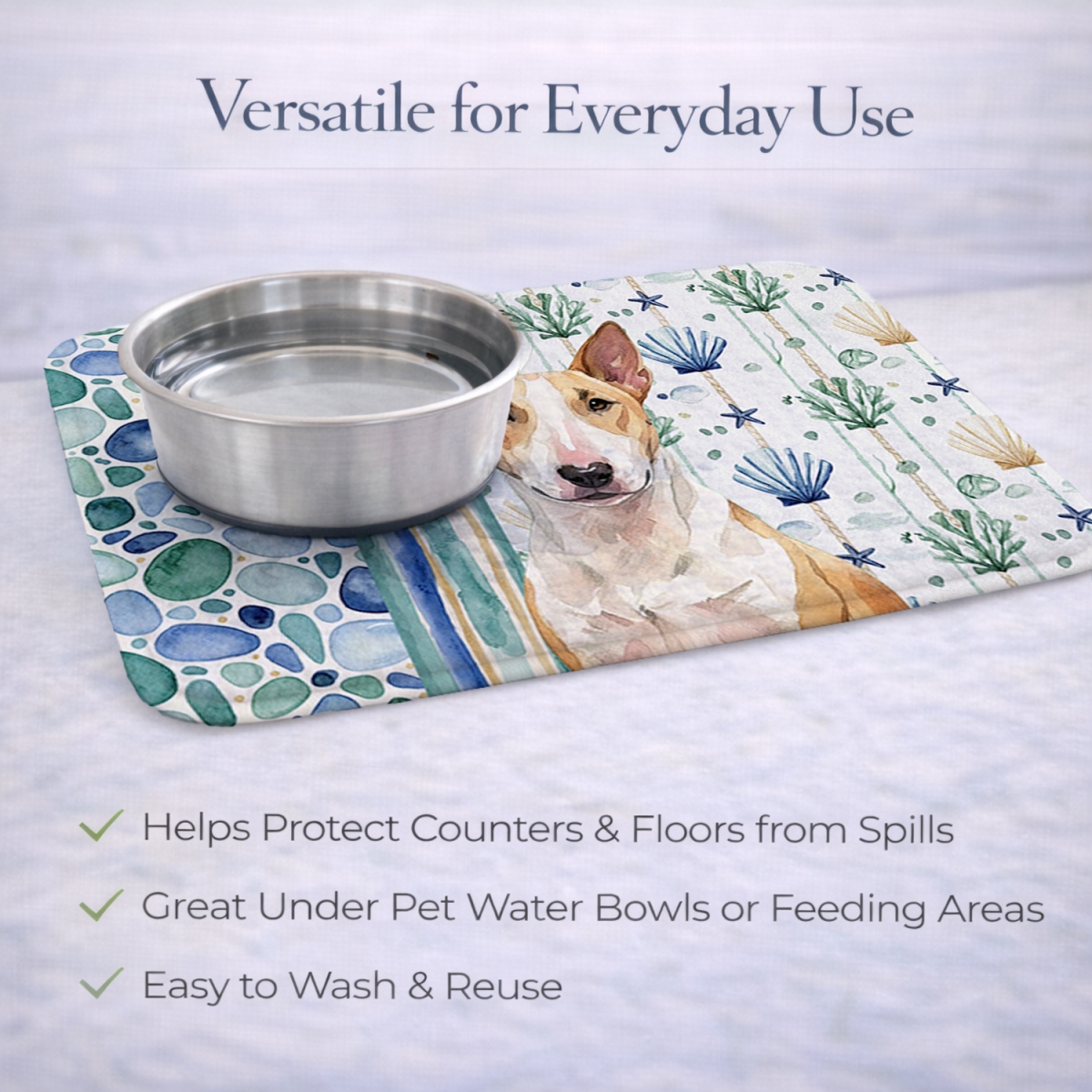 Picture of Carolines Treasures WDK6950DDM 21 x 14 in. Fawn & White Bull Terrier Coastal Sea Glass Dish Drying Mat
