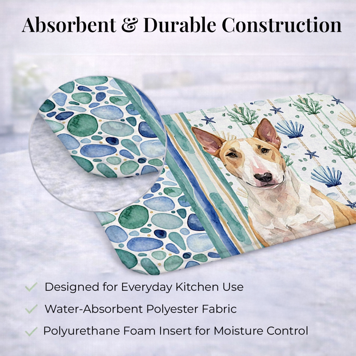 Picture of Carolines Treasures WDK6950DDM 21 x 14 in. Fawn & White Bull Terrier Coastal Sea Glass Dish Drying Mat